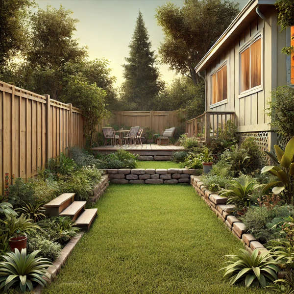 Image of a long backyard utilizing a retaining wall to make two usable areas of flat lawn