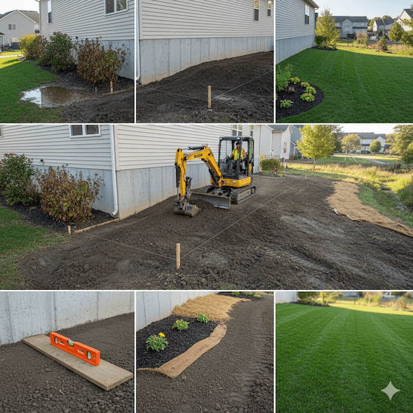Corner view of a residential house with landscape grading
