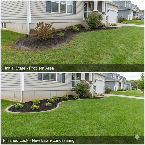 Front view of a landscaped house before and after grading